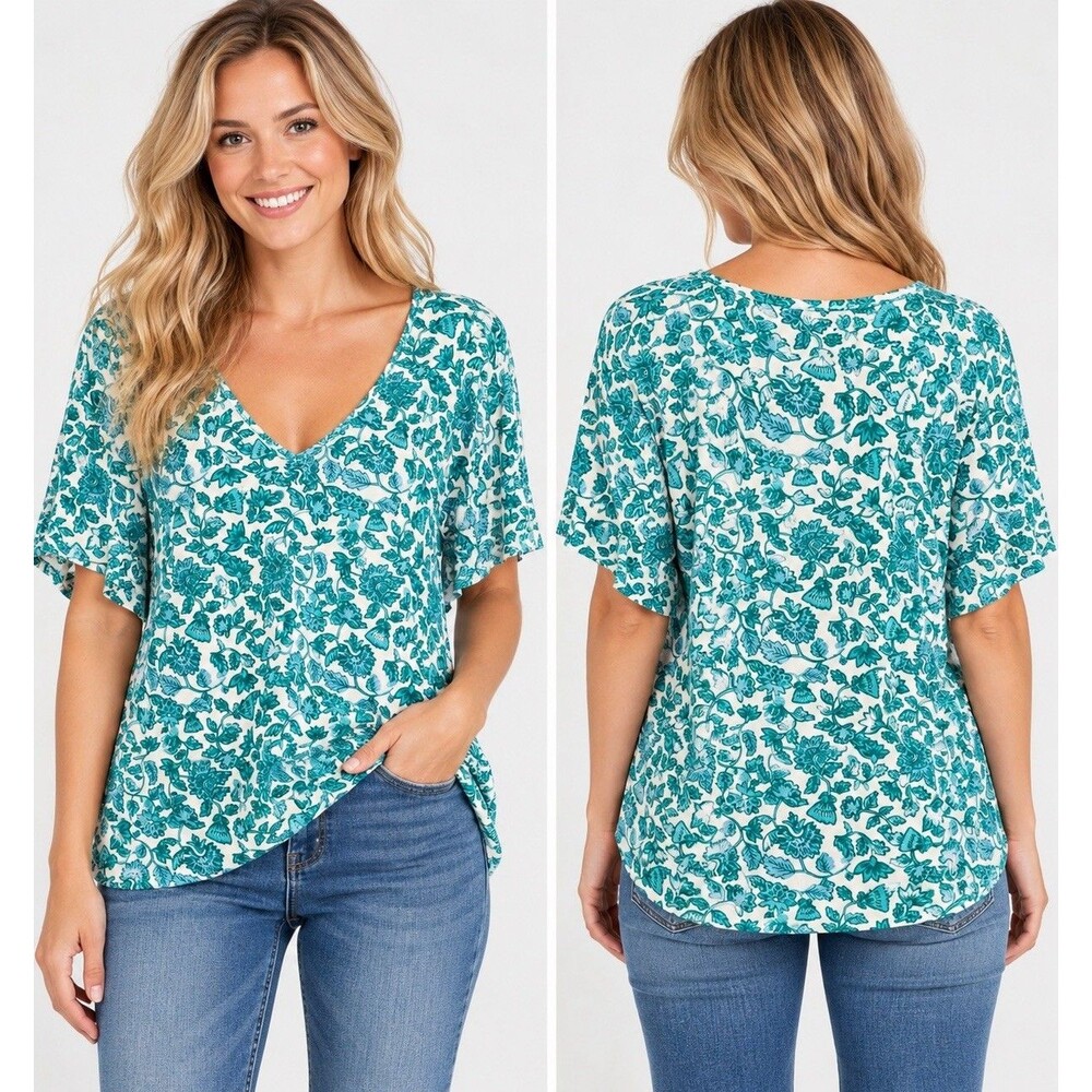 Croft & Barrow The Classic Tee Women Plus 3X Teal Blue Geometric V Neck Top NWT